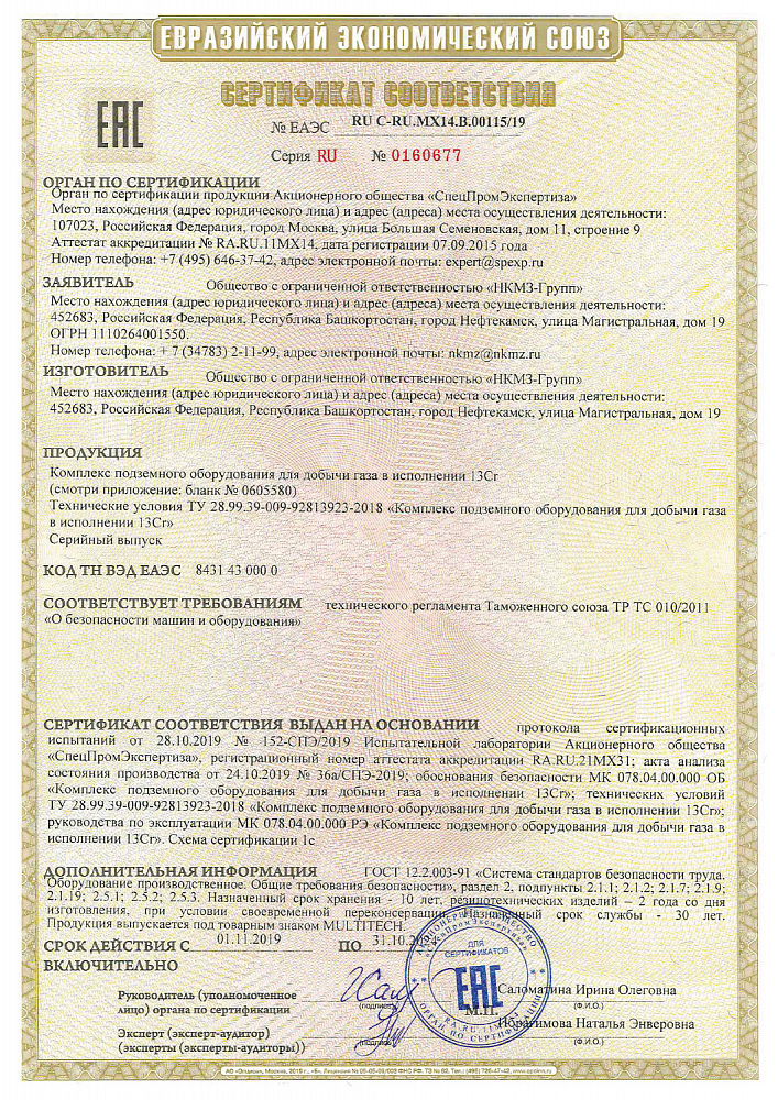 EAEU certificate of conformity for DHE kit in 13Cr design